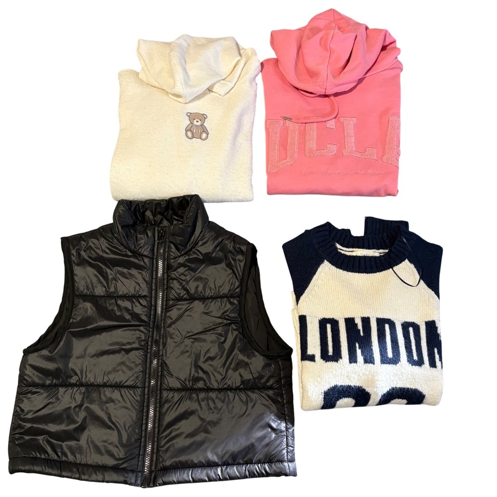 Lot 4 Sweater Women's XS Cream Pink Hooded Teddy Bear Embroidered Full Zip‎ Vest